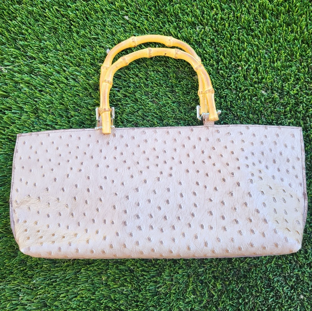 Maya Moon Handcrafted One-of-a-Kind Ostrich Handbag With Bamboo Handles. - Picture 2 of 16